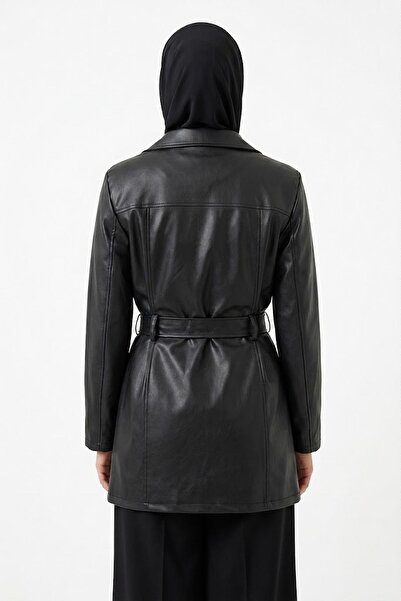 Jaglion Women's Black Belted Long Leather Jacket