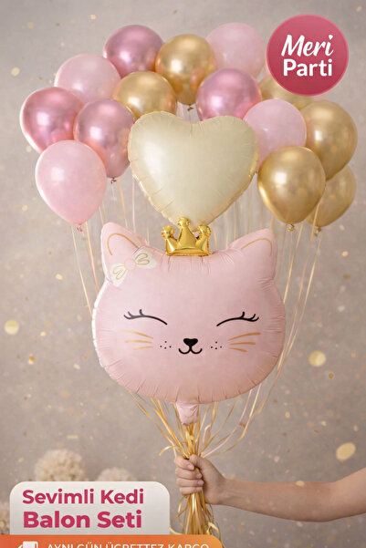 MERİ PARTİ Prenses Kedi Balon Seti – Pudra Pembe & Altın Konsept Doğun Günü B...