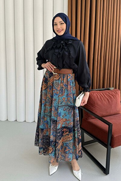 Modaensarbutik Bluzu Fırfırlı Etek Etnik Desenli Kemerli Tesettür Takım-LACİVERT