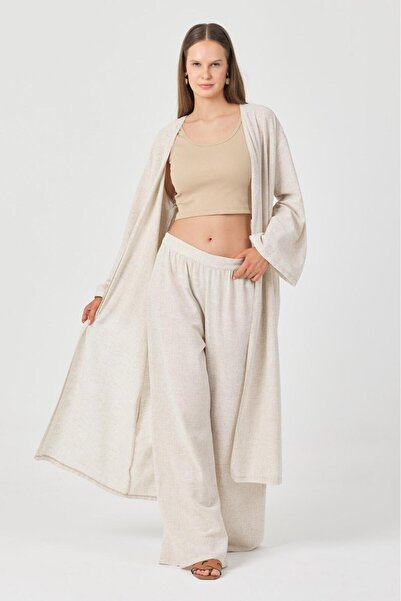 ZALİV Keten Kadın Uzun Kimono İkili Pantalonlu Takım