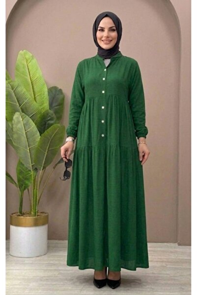 MİSMOLY Half-Buttoned Hijab Dress – Comfortable Fit with Ruched Detail, Casua...