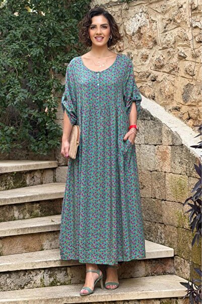 Nevin Kaya Moda Τιρκουάζ Χρώμα Μικρό Φλοράλ Φόρεμα από 100% Βαμβάκι