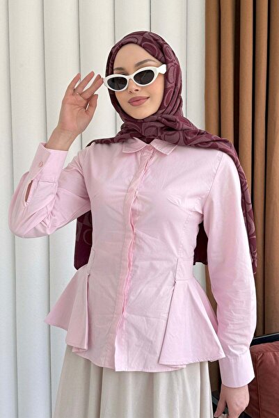 Modaensarbutik Belden Oturtmalı Düğmeli Gömlek-PEMBE