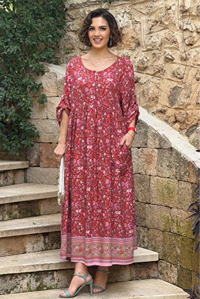 Nevin Kaya Moda Κόκκινο Φόρεμα με Μικρά Λουλούδια από 100% Βαμβάκι