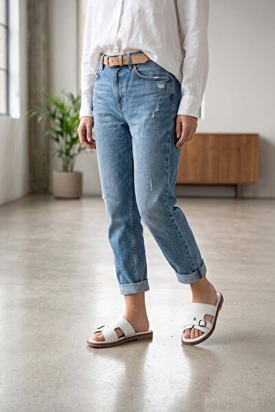 Ayakkabı Fuarı Elit Koc5413 Women's Genuine Leather Flat Slippers White