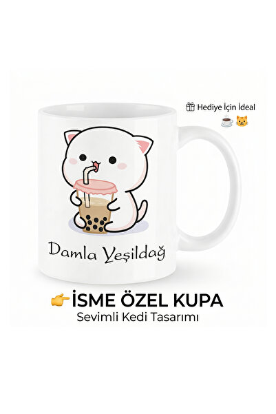 Baskıkafası Kişiye Özel İsimli Kedi Tasarımlı Kupa Bardak – Sevimli Bubble Te...