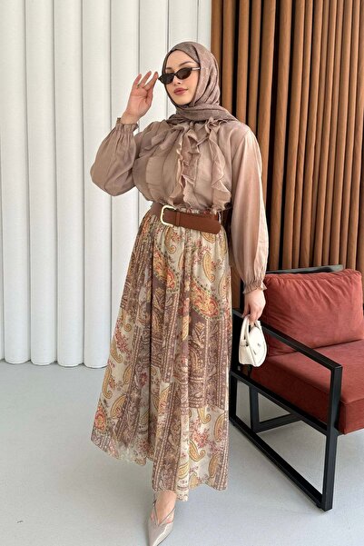 Modaensarbutik Bluzu Fırfırlı Etek Etnik Desenli Kemerli Tesettür Takım-VİZON