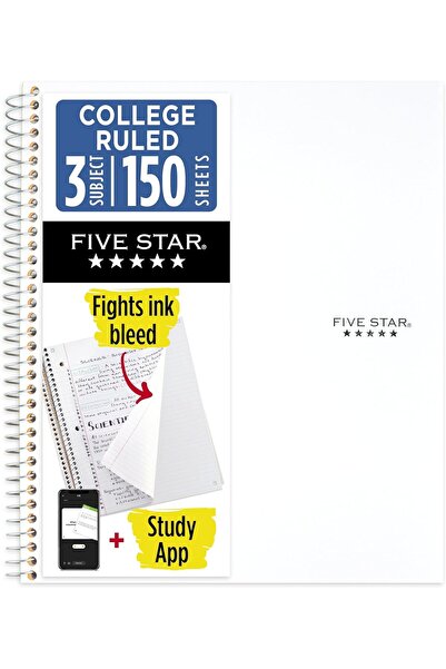 Generic Five Star Spiral Notebook, 3 Subject, College Ruled, 150 Sheets, 28x2...