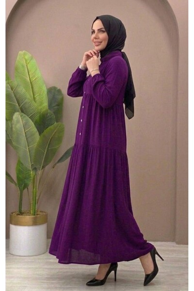 MİSMOLY Half-Buttoned Hijab Dress – Comfortable Fit with Ruched Detail, Casual Long Dress