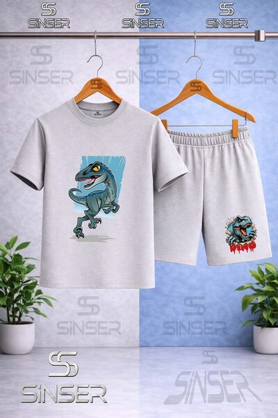 SS SİNSER Children's Dinosaur Turquoise Canvas Printed Crew Neck T-Shirt - Sh...