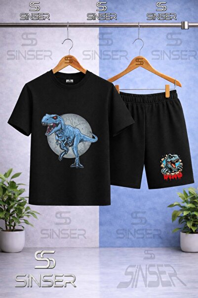 SS SİNSER Children's Dinosaur Blue Circle Printed Crew Neck T-Shirt - Shorts Set