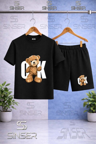 SS SİNSER Children's Bear White Printed Crew Neck T-Shirt - Shorts Set