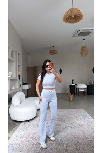 Buket Teke Γκρι Μελανζέ Βαμβακερό Κολάν Σετ Crop