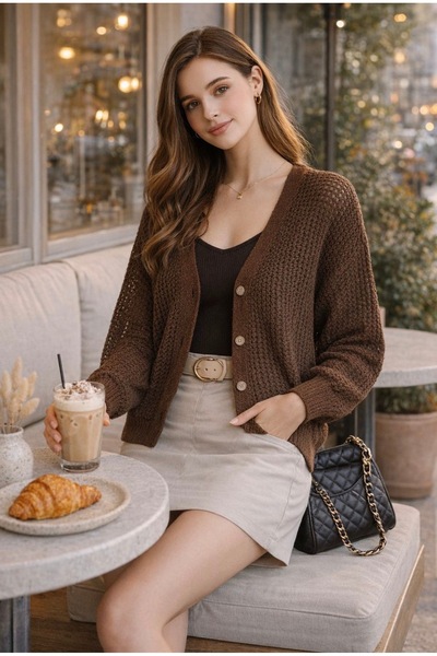 La cannee Buttoned Mesh Cardigan - Brown