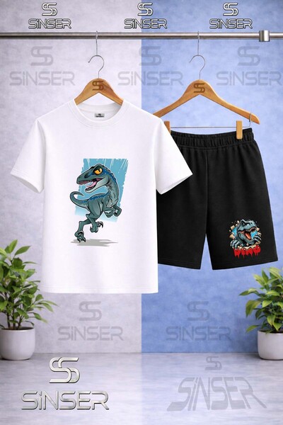 SS SİNSER Children's Dinosaur Turquoise Canvas Printed Crew Neck T-Shirt - Sh...