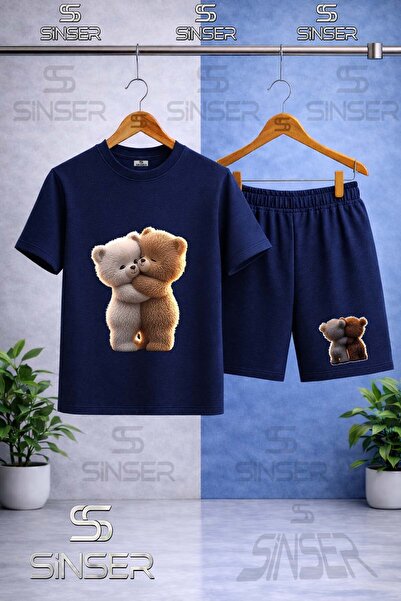 SS SİNSER Children's Bear Hug 2-Piece Printed Crew Neck T-Shirt - Shorts Set