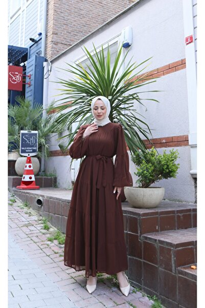 HNT Hayrunnisa Tesettür Kuşaklı Kat Kat Şifon Elbise Kahve HNT8595