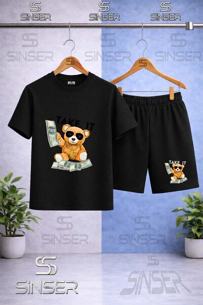 SS SİNSER Children's Ayicik Take It Black Printed Crew Neck T-Shirt - Shorts Set