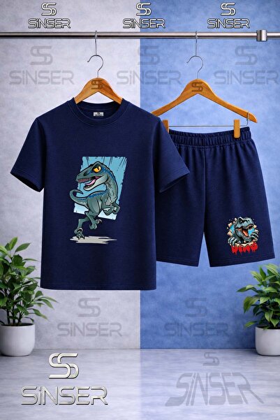 SS SİNSER Children's Dinosaur Turquoise Canvas Printed Crew Neck T-Shirt - Sh...