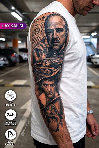BP Tattoo 1 Ay Kalıcı Kol Kaplama Godfather ve Tony Montana Dövme