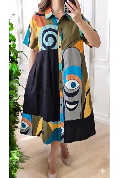 styleFlex Rochie Tip Cămașă din Bumbac 100% cu Imprimeu Abstract și Buzunare