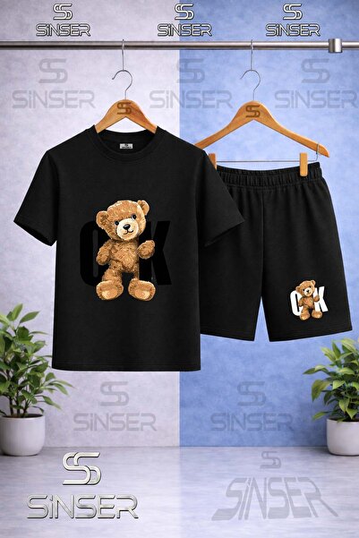 SS SİNSER Children's Bearish Ok Black Printed Crew Neck T-Shirt - Shorts Set