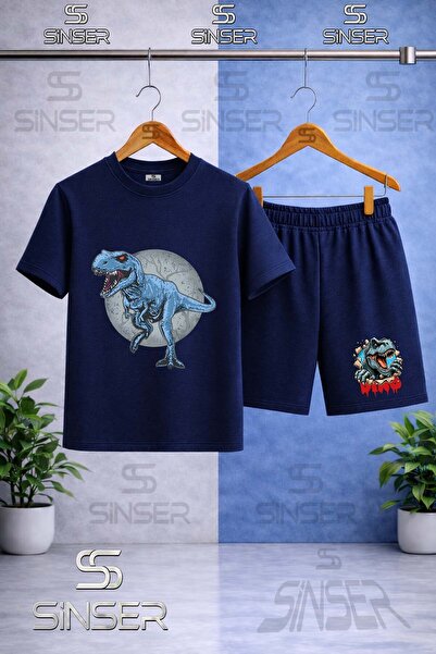 SS SİNSER Children's Dinosaur Blue Circle Printed Crew Neck T-Shirt - Shorts Set
