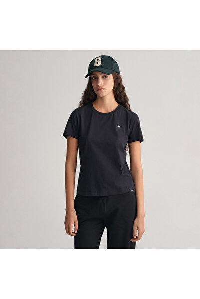 Gant Kadın Siyah Bisiklet Yaka Regular Fit Logolu T-Shirt