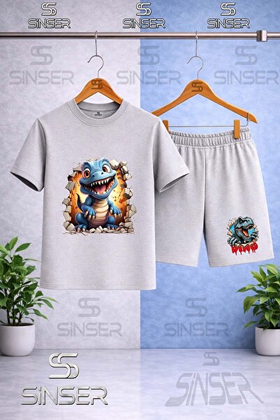 SS SİNSER Children's Dinosaur Blue Dinosaur Printed Crewneck T-Shirt - Shorts...