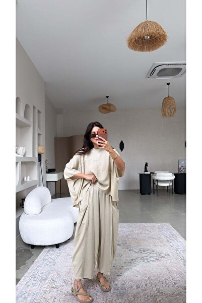 Buket Teke Μπεζ Πριμιούμ Λινό Μποέμ Σετ Μπλούζας με Ραμμένες Λεπτομέρειες