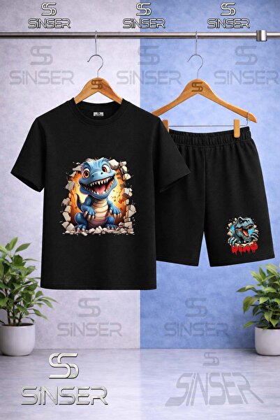 SS SİNSER Children's Dinosaur Blue Dinosaur Printed Crewneck T-Shirt - Shorts...