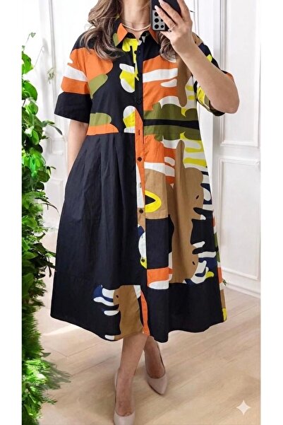 styleFlex Rochie Tip Cămașă din Bumbac 100% cu Imprimeu Abstract și Buzunare
