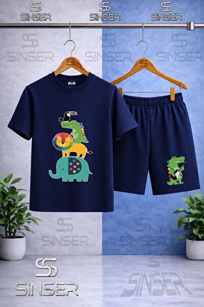 SS SİNSER Children's Animal Ust Uste Coklu Printed Crew Neck T-Shirt - Shorts...