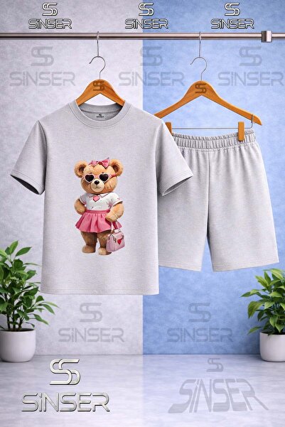 SS SİNSER Children's Bear Pink Skirt Canta Printed Crew Neck T-Shirt - Shorts...