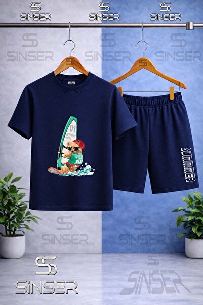 SS SİNSER Children's Bear Surf Sea Printed Crew Neck T-Shirt - Shorts Set