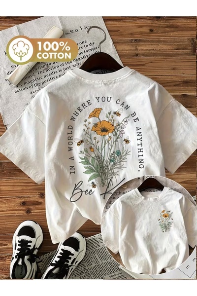 AEMİ تي شيرت برقبة دائرية كبير الحجم مطبوع عليه Bee Kind للجنسين