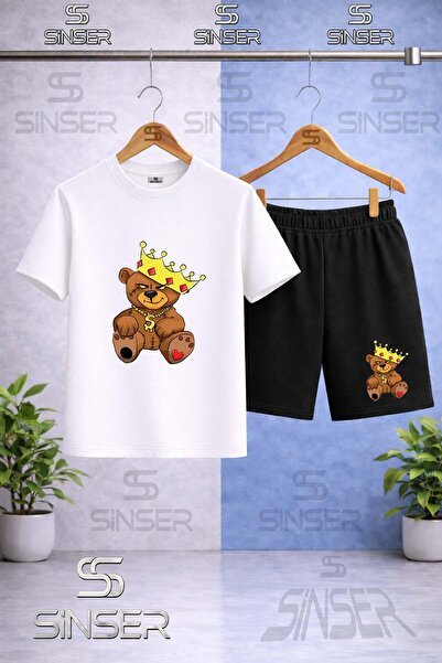 SS SİNSER Children's Bear Patched Crown Printed Crew Neck T-Shirt - Shorts Set