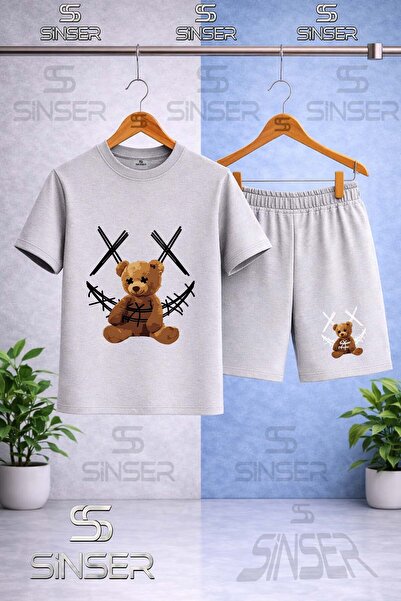 SS SİNSER Children's Ayicik Yarn Carpi Black Printed Crew Neck T-Shirt - Shor...