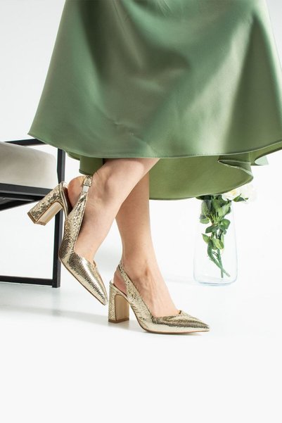 esen Thick-Heeled Snake-Print Gold High-Heeled Shoes [9] cm
