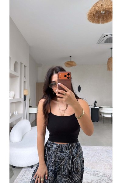Buket Teke Black Cotton T-Shirt with String Straps and Cotton Balls