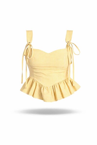 5in1Canpolat Μπλουζάκι crop - Κίτρινο - Καρό