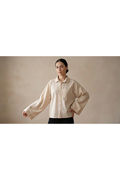 SmallTouch  Kadın İspanyol Kol Keten Oversize İç Göstermeyen Kimono Gömlek
