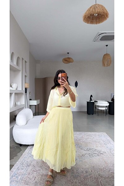 Buket Teke Λεμονί Κίτρινη Υφαντή Φούστα Τένσελ Ολόσωμη με Φόδρα και Ζάρες