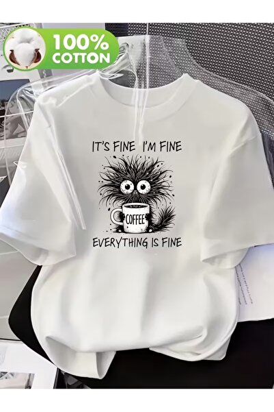 AEMİ Μπλουζάκι Unisex με στάμπα γατάκι που πίνει καφέ, μεγάλου μεγέθους, με λ...