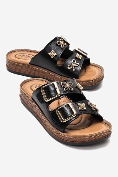 CCWAY AYAKKABI Γυναικείες παντόφλες με διπλή πόρπη και αξεσουάρ ΜΑΥΡΟ