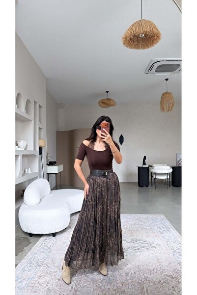 Buket Teke Καφέ φούστα μάξι με σχέδια, πλισέ, με φόδρα και ζώνη