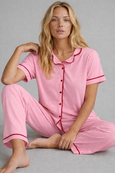 rindahomewear Γυναικείο Σετ Πιτζάμες από Πλεκτό Ύφασμα Σούπερ Τζιμπ Ροζ Κοντο...