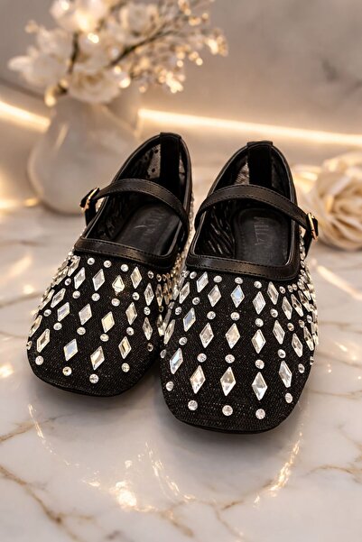 FİORE WOMEN Mirror Stone Tulle Textured Black Women's Ballerina Shoes