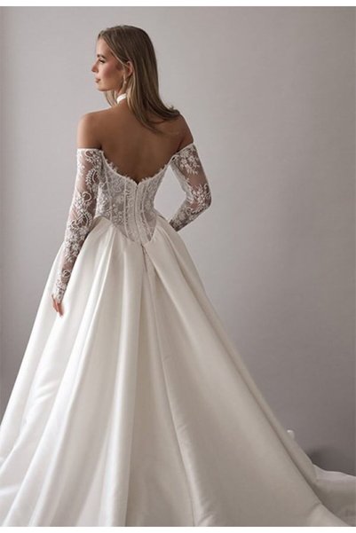 TuZeGiyim French Lace Madonna Neckline Satin a Pile Slit Design Wedding Dress