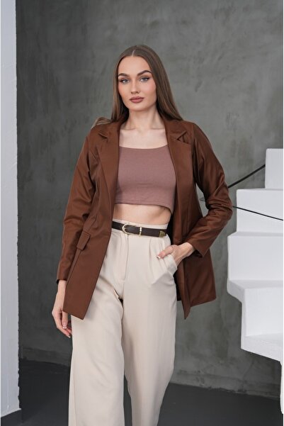 Niora Moda Acı Kahve Tek Düğmeli Astarlı Deri Görünümlü Tuvit Ceket